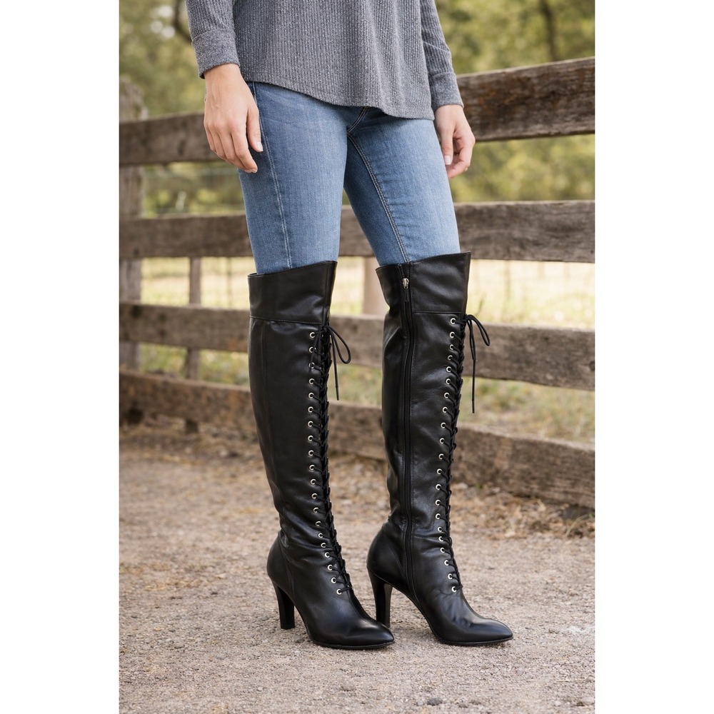 Women's Black Knee-High heeled Boots Lace Back Side Zip size 6
